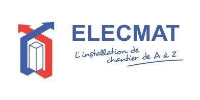Logo ELECMAT avec icône géométrique bleue et rouge et slogan « L'installation de chantier de A à Z »