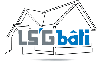 Logo LSGbati avec texte gris et bleu sur un simple contour noir représentant un toit de maison