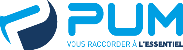 PUM logo in blue with the tagline “Vous raccorder à l’essentiel”