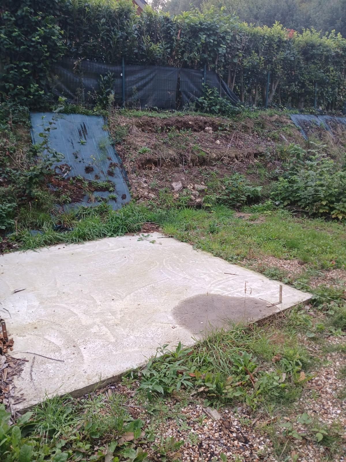 Dalle de béton dans une cour arrière herbeuse, en contrebas d'un talus de terre avec des arbustes et une bâche noire.