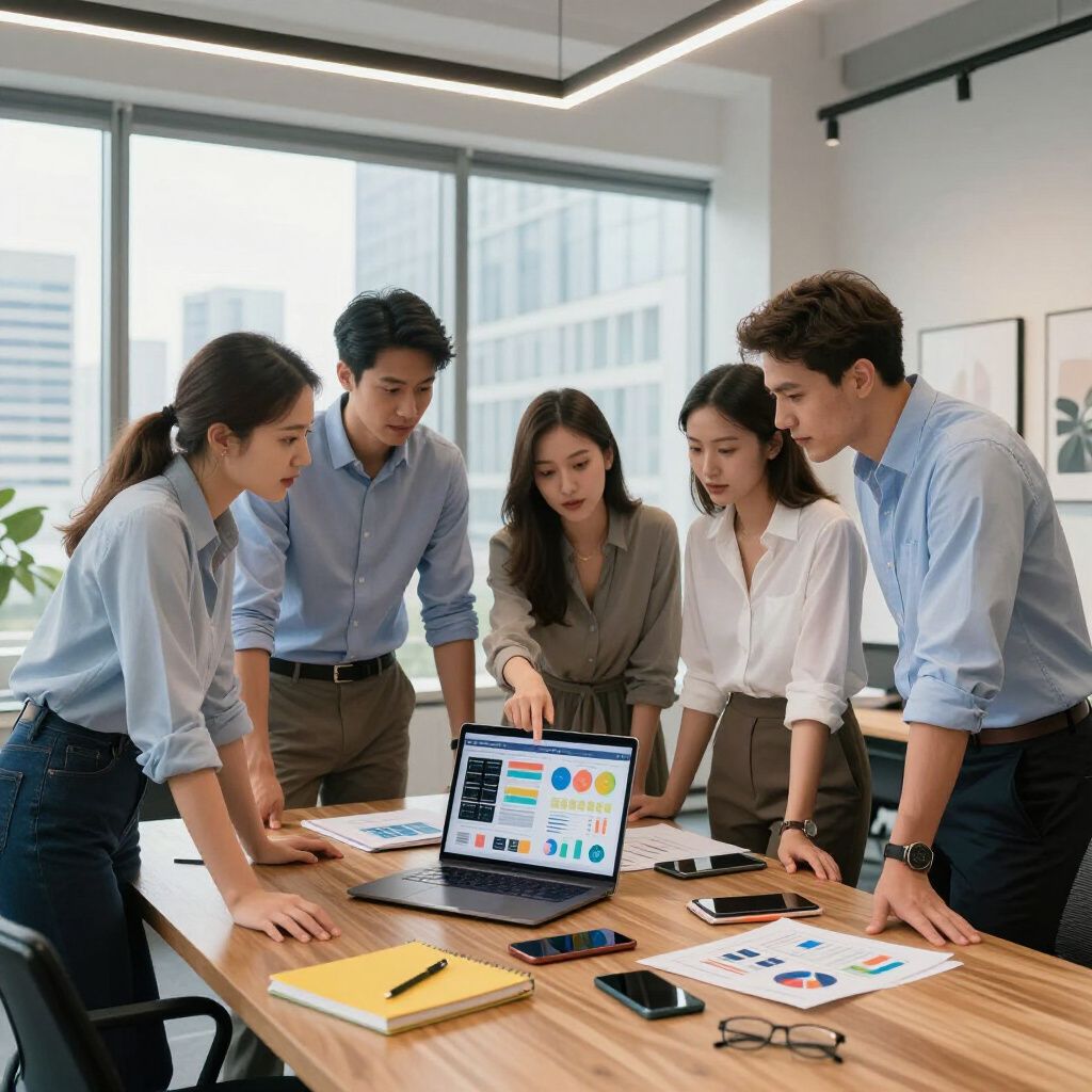 Five people in a modern office, looking at a laptop with data visualizations.