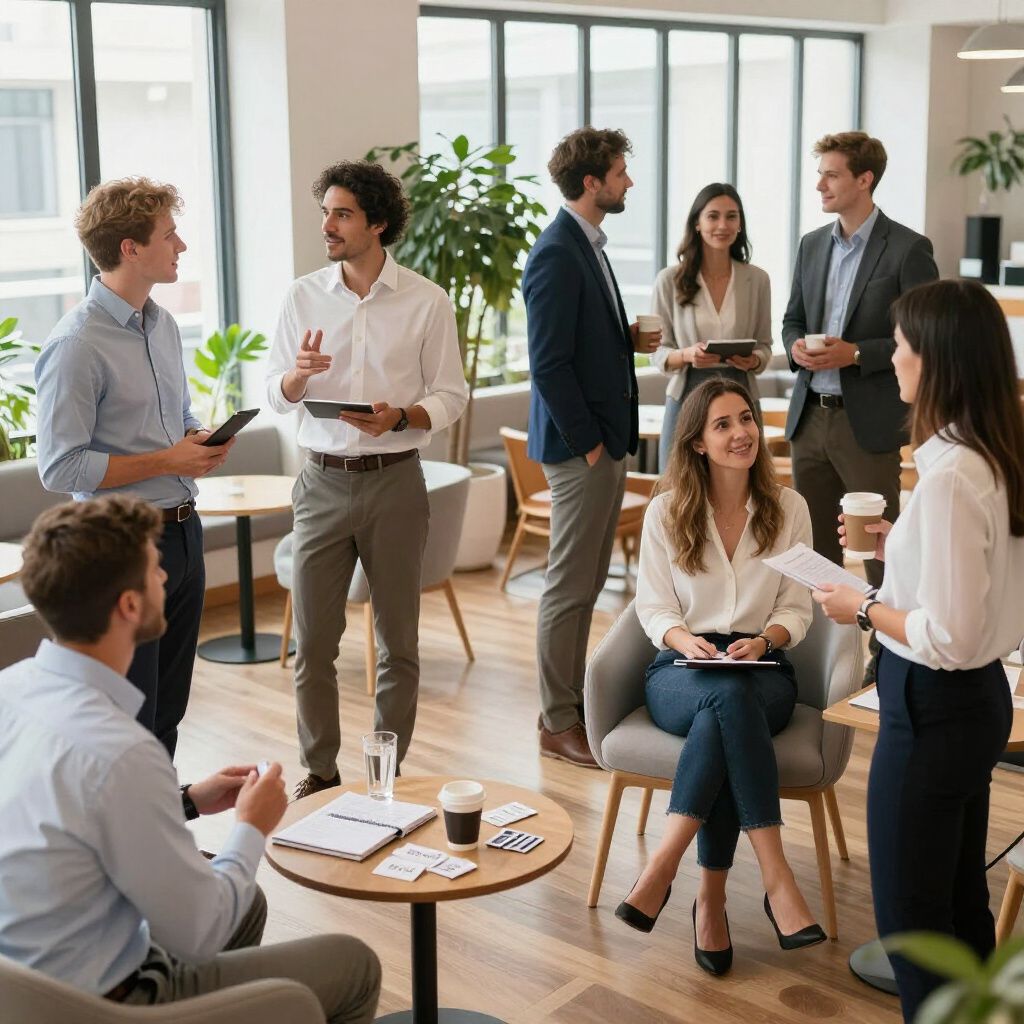 People in a modern office socializing, some standing, some seated. Light-filled room, interacting, holding tablets and coffee.