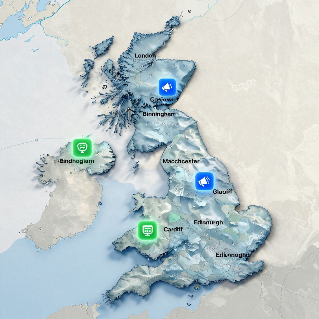 Map of the UK with weather icons indicating conditions in several cities: Aberdeen, Cardiff, Londonderry, and Manchester.