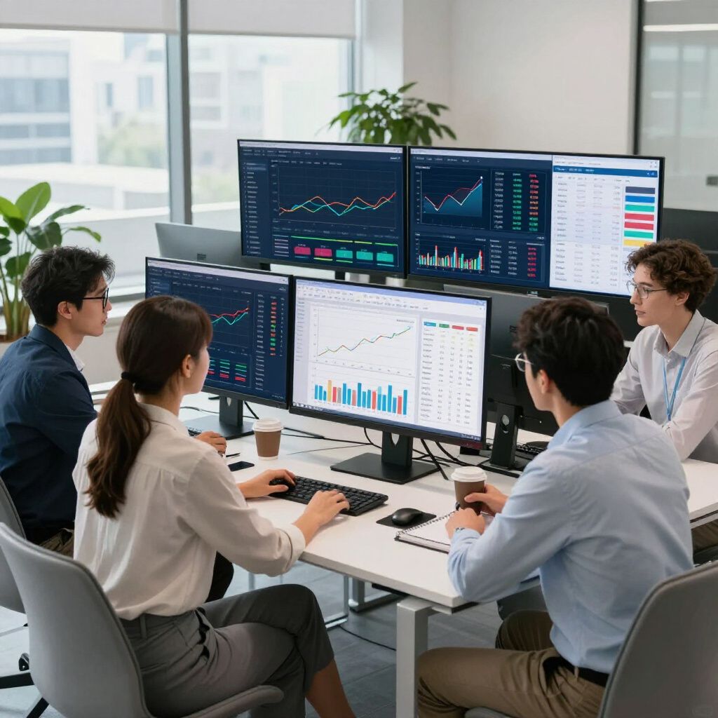 People analyzing stock charts on multiple computer screens in an office setting.