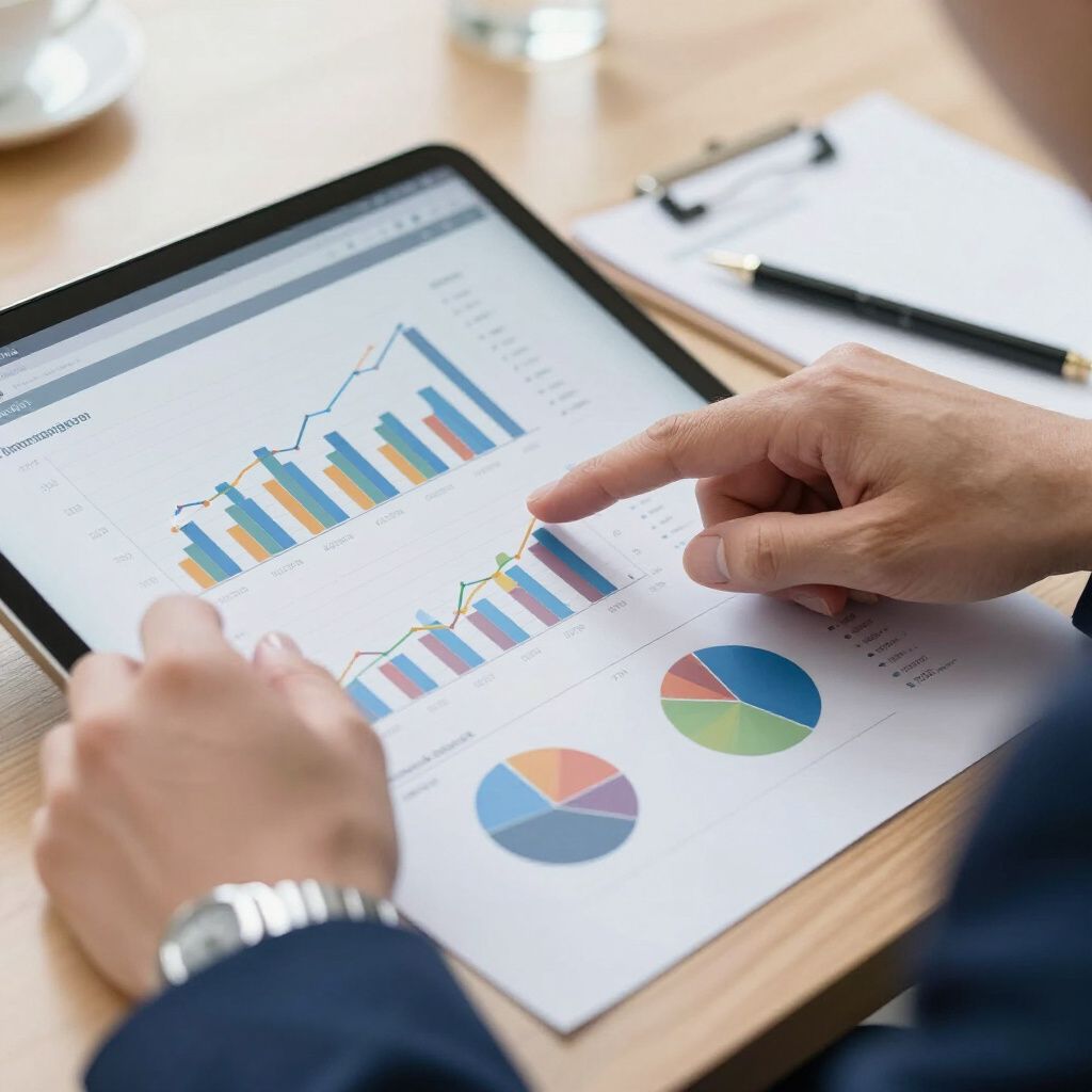 Person pointing at financial charts on tablet and paper.