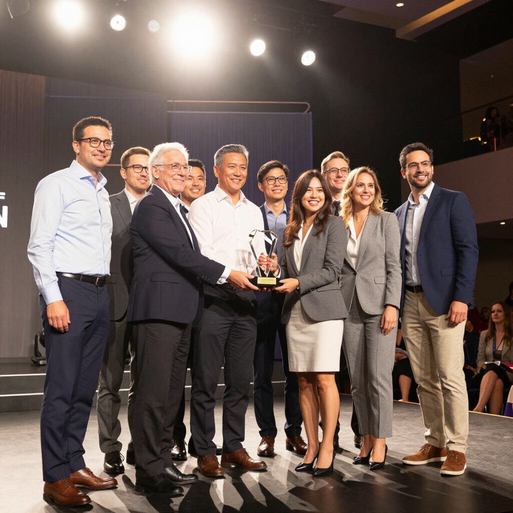 A group of people on stage holding an award. Woman in gray suit smiles. Others wear suits and smiles.