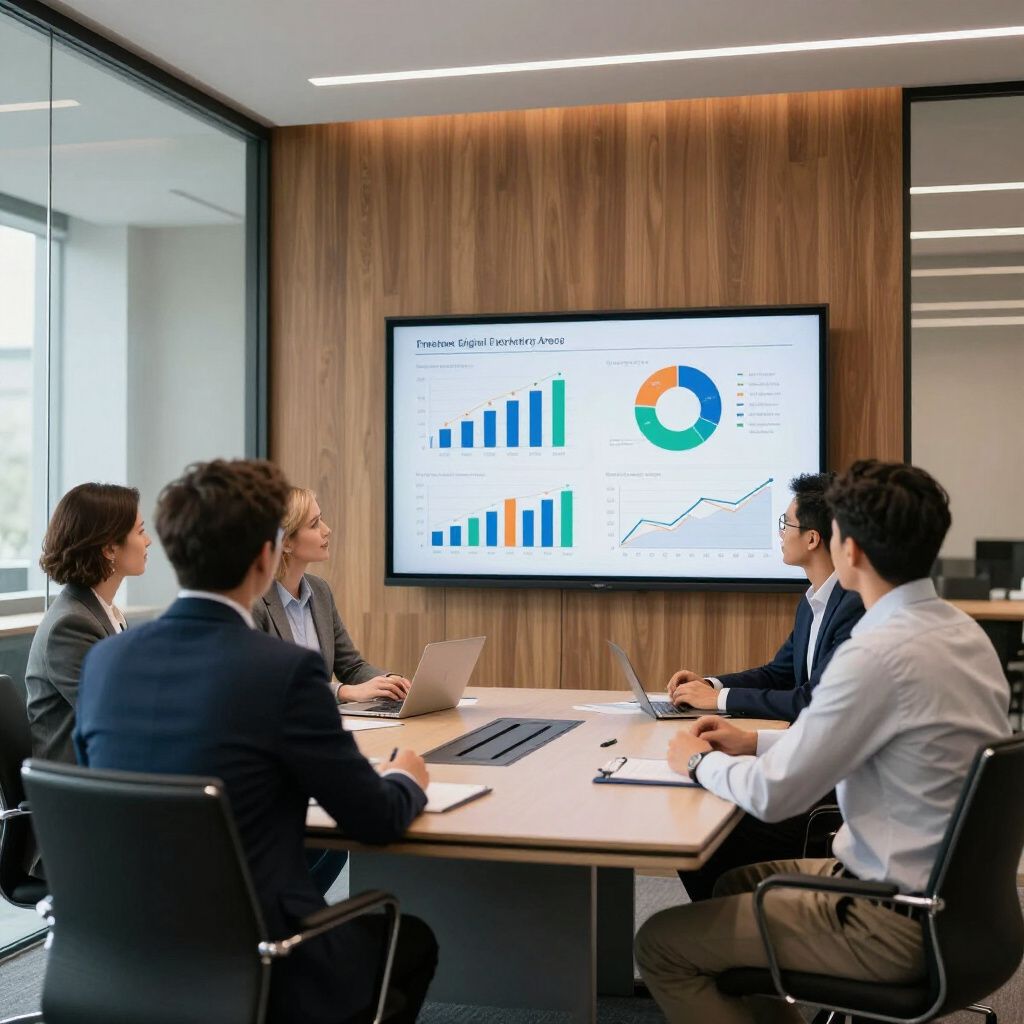 Business team in meeting, looking at a data display, discussing charts and graphs in a modern office setting.