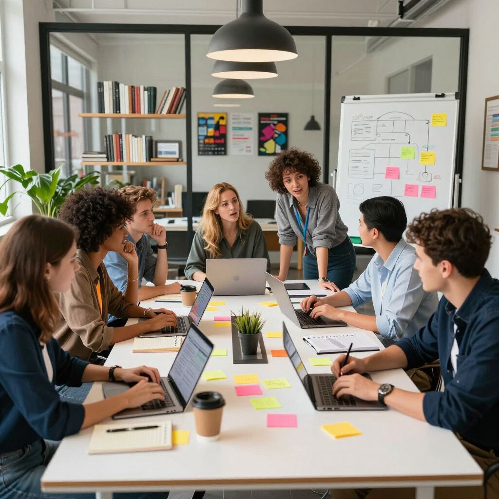 Group of people collaborating around a table with laptops, brainstorming session in modern office.