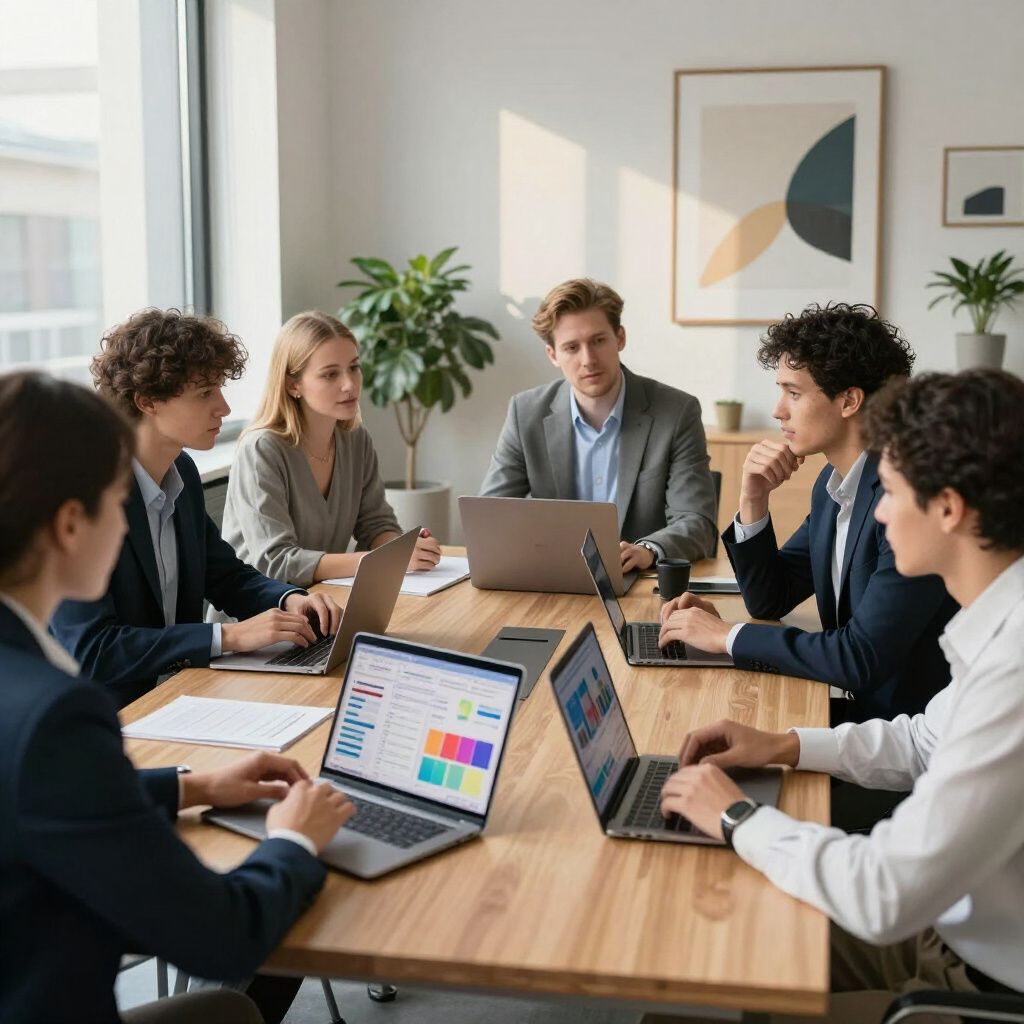 Business team around a table with laptops, analyzing data, in an office setting.