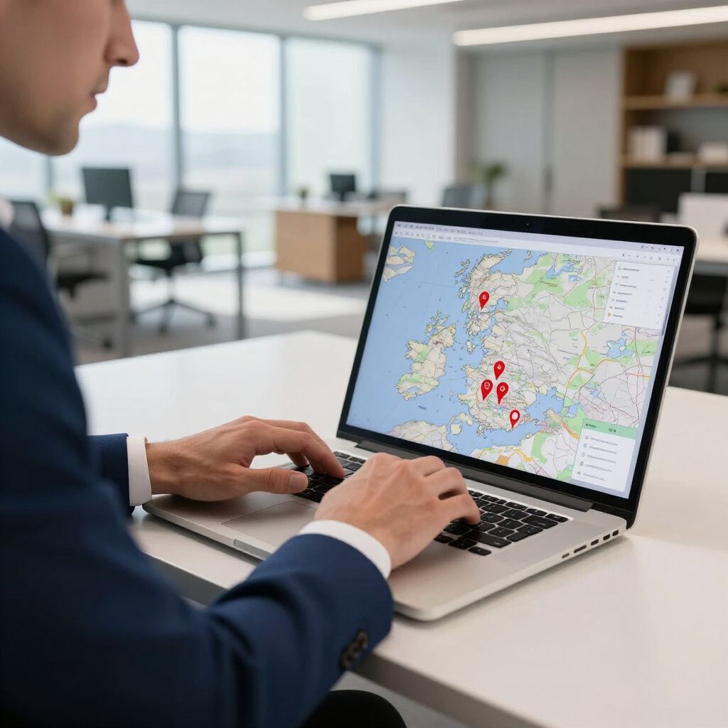 Person in blue blazer using laptop, viewing map with red markers. White office setting.
