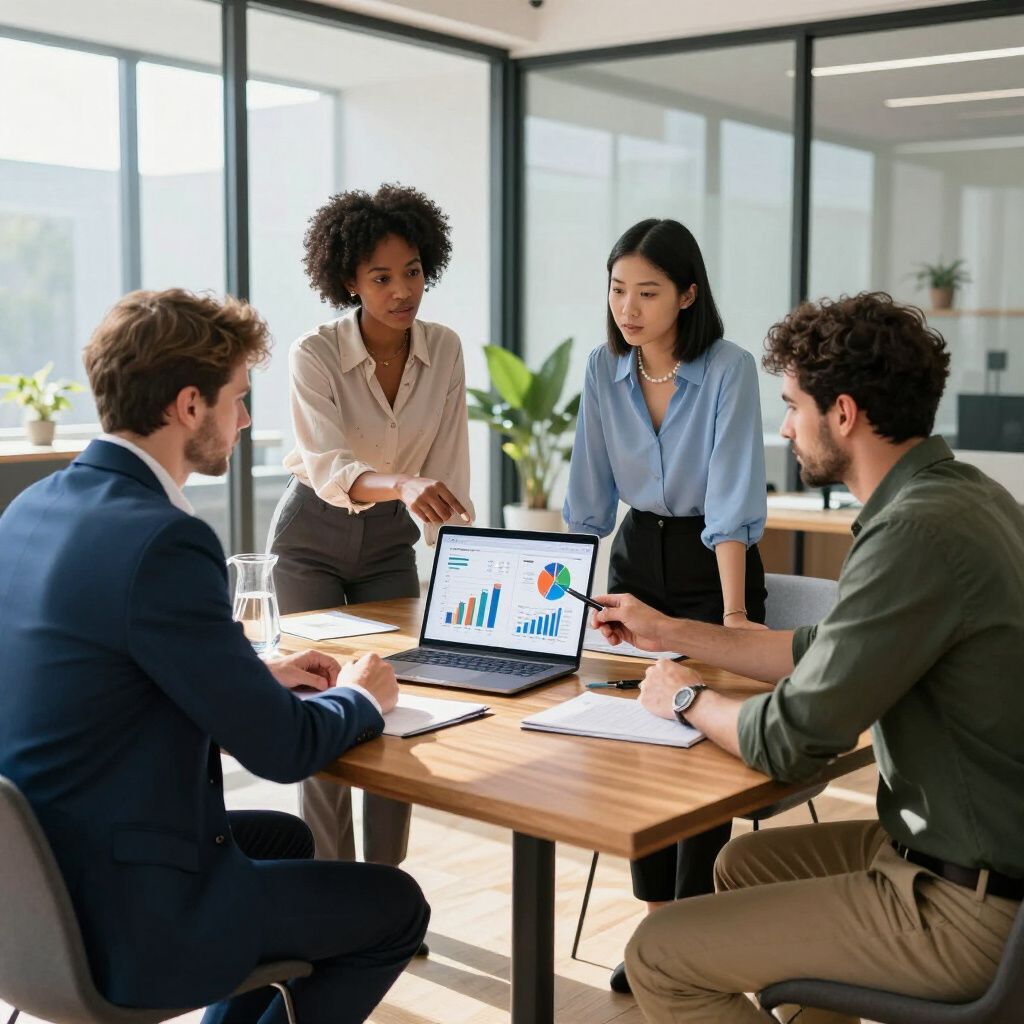 Four people in a meeting room review charts on a laptop.
