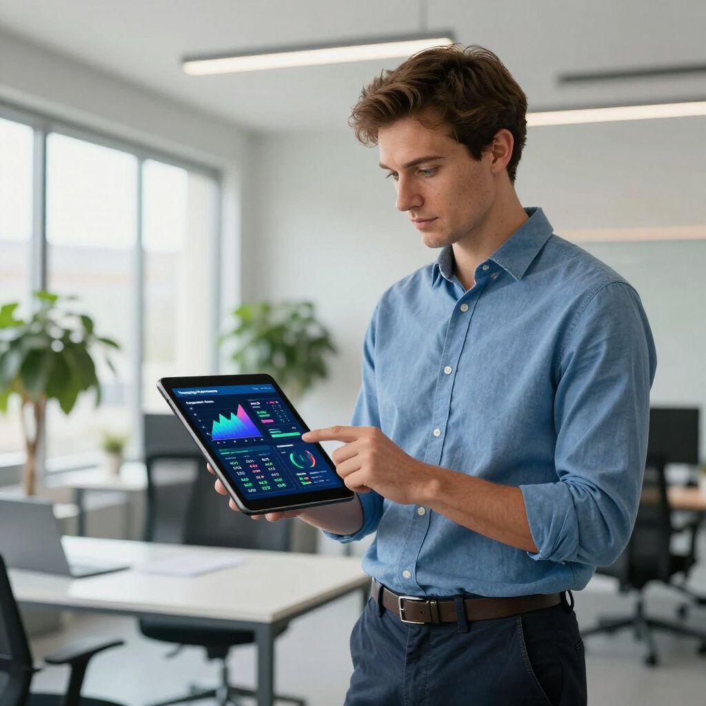 Man in blue shirt, looking at tablet displaying financial data in office setting.