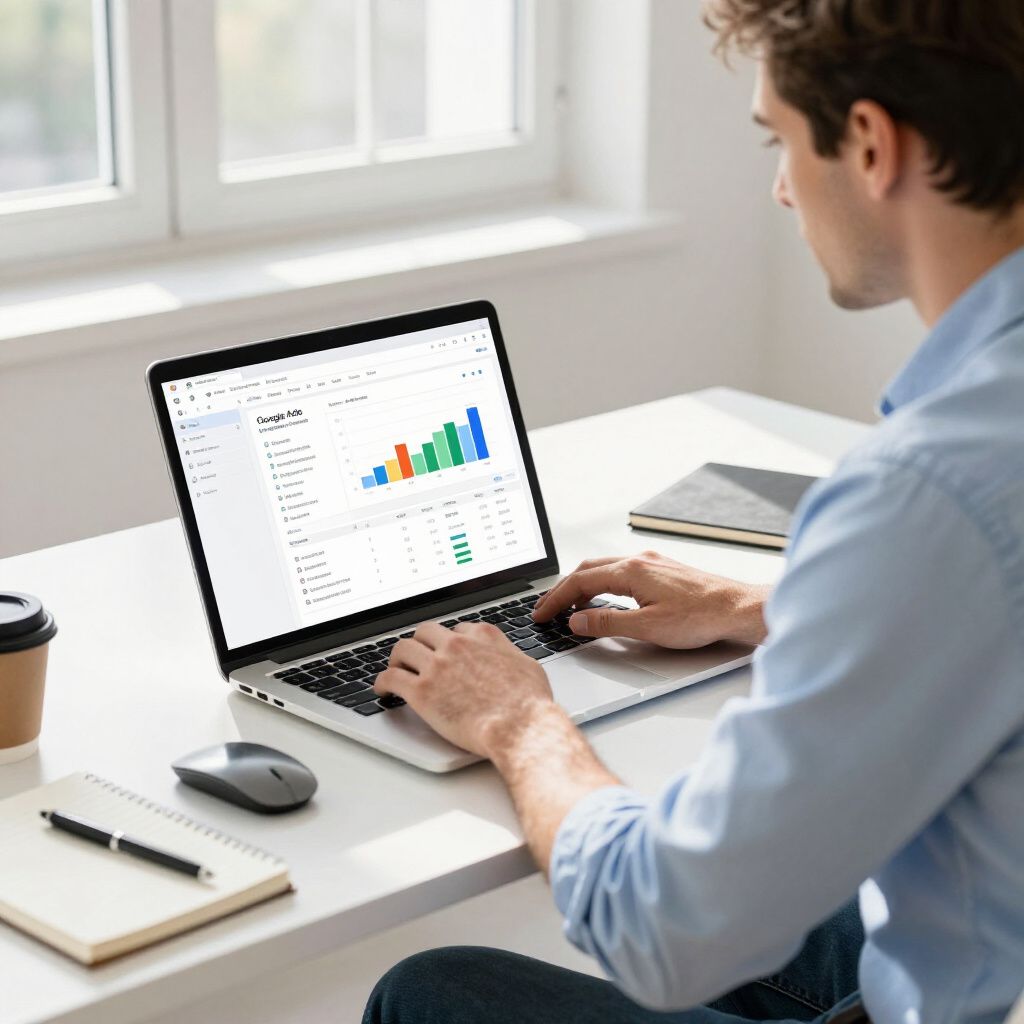 Man working on laptop, viewing graphs and data. Coffee cup, mouse, and notebook on desk.