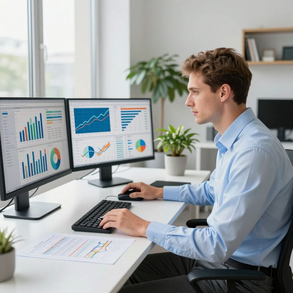 Man in light blue shirt working on computer with charts and graphs on screen.