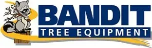 Logo for Bandit Tree Equipment, featuring a cartoon raccoon holding a branch against a yellow swoosh on a blue background.
