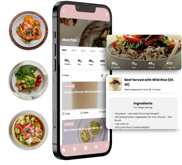 Smartphone app displaying meal recipes with dish images and nutritional info. Incredible as You App