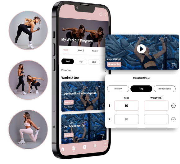 Mobile app showcasing workout videos, alongside images of women exercising. Incredible as You App