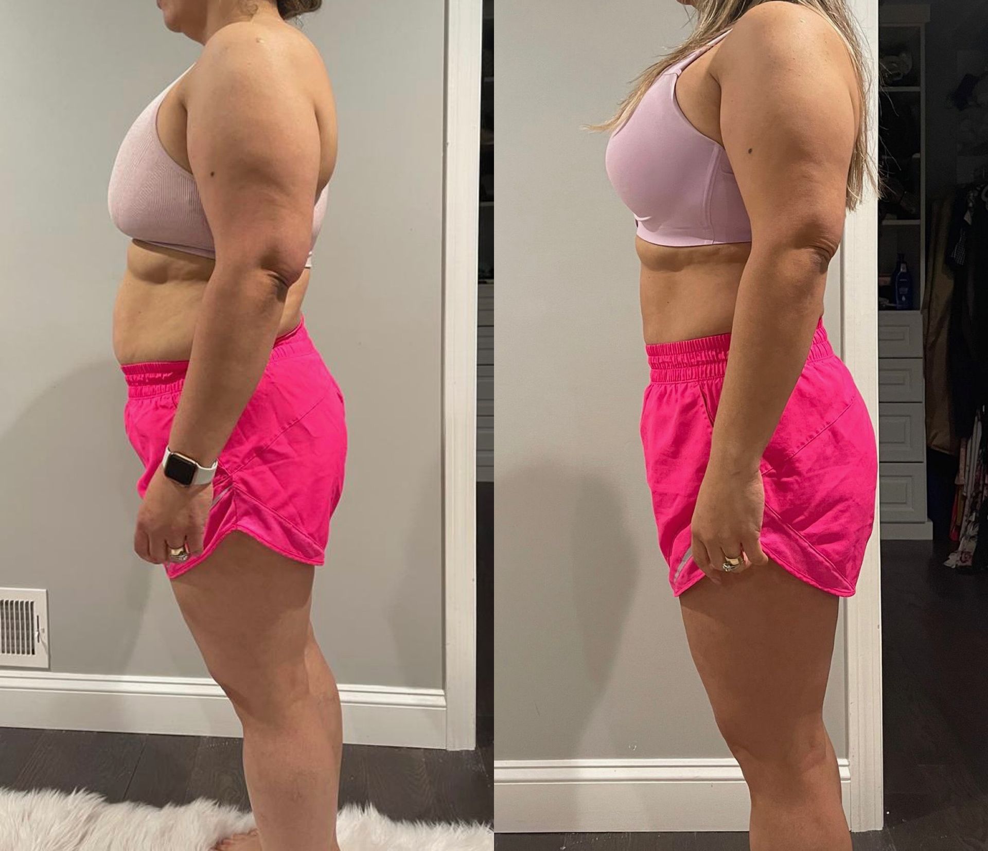 Before and after photos of a person in pink shorts and a pink bra, showing weight loss.