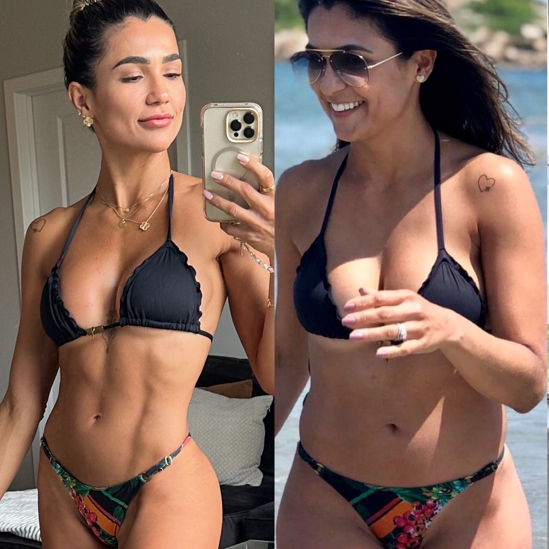 Two women in black bikinis; one with defined abs taking a selfie, the other smiling at the beach.