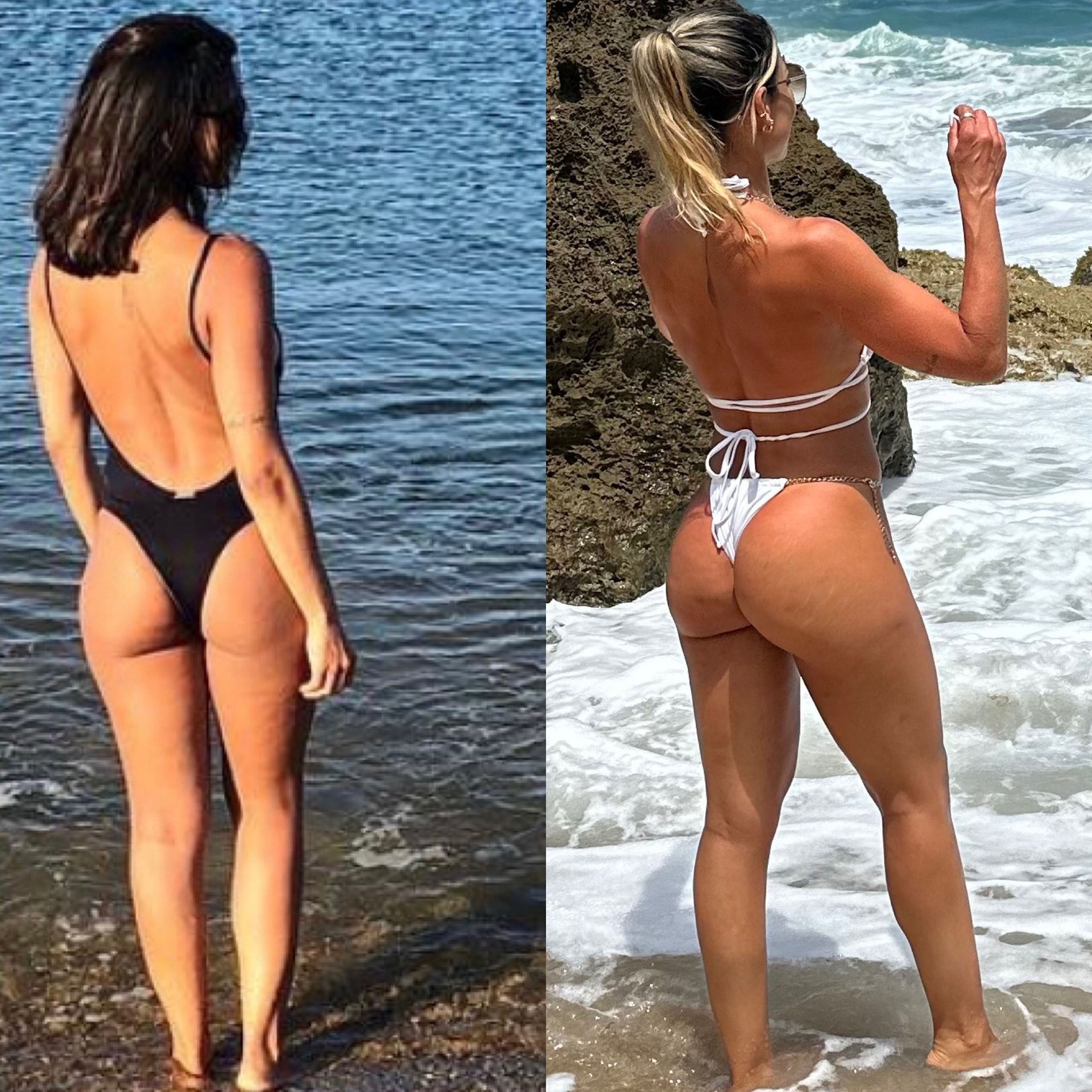Two women in swimwear at the beach. One in black, one in white. Both have backs to the camera.