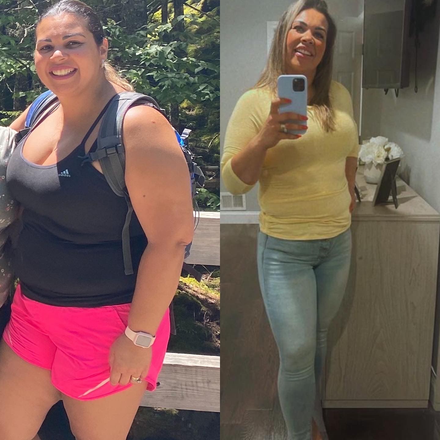 Woman before and after weight loss: hiking in shorts, smiling; wearing jeans and yellow shirt indoors, smiling.