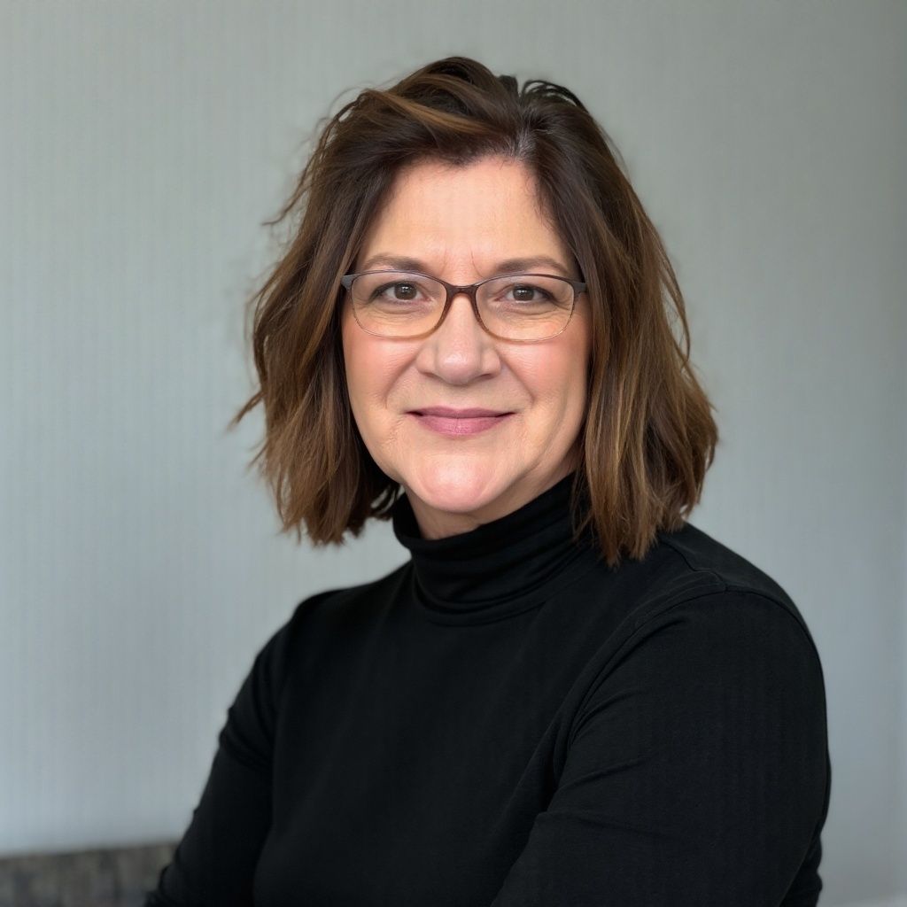 A woman wearing glasses and a black turtleneck is smiling for the camera.