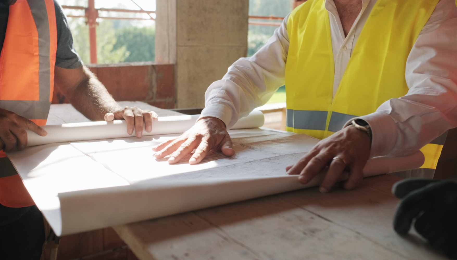 A group of construction workers are sitting at a table looking at blueprints.