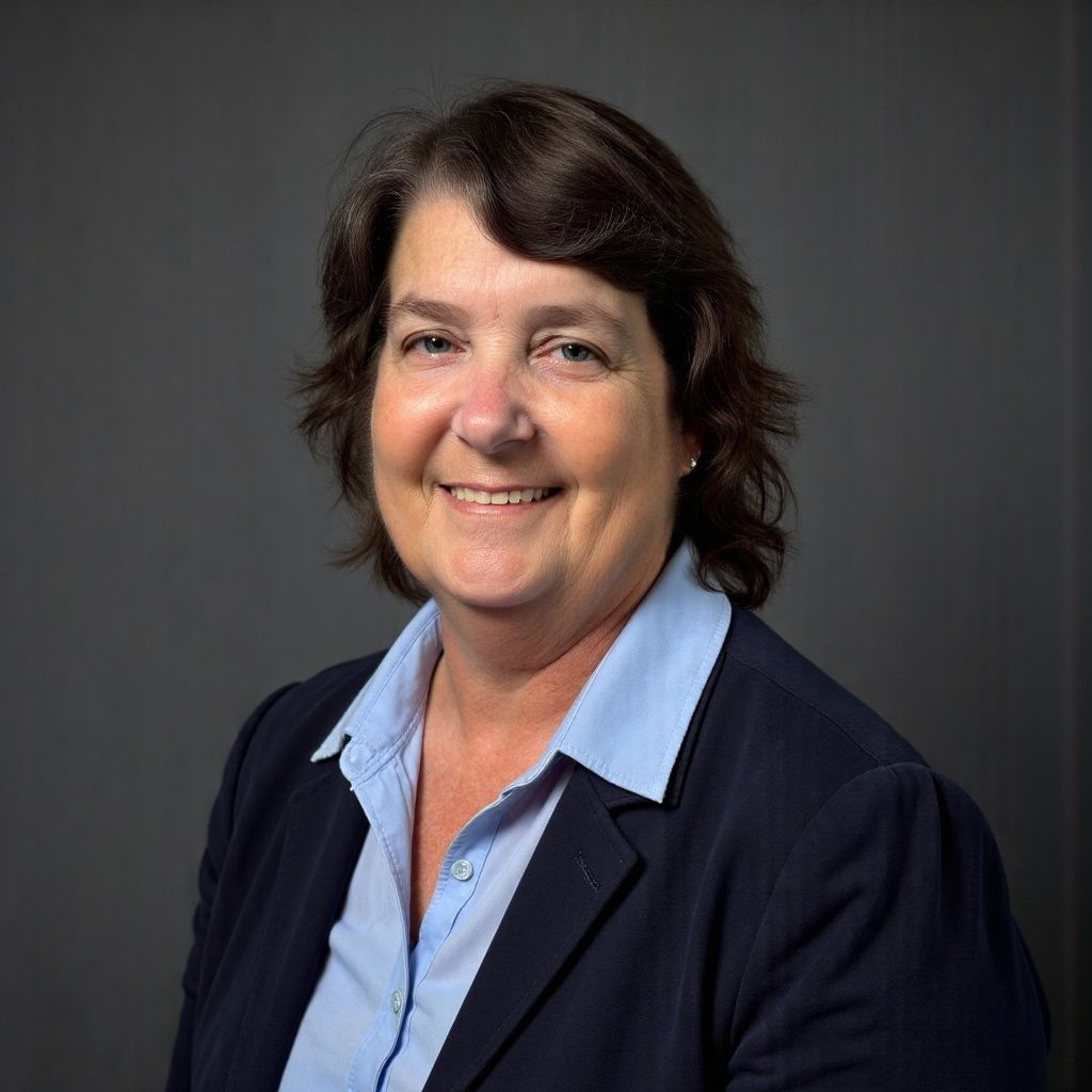 A woman in a blue jacket and blue shirt is smiling for the camera.