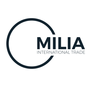 Um logotipo para o comércio internacional de milia com um círculo no meio.