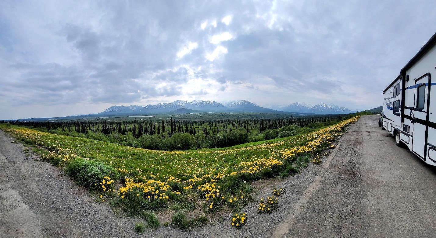 RV parked on a dirt road, overlooking a green valley with yellow flowers, mountains in the distance under a cloudy sky.