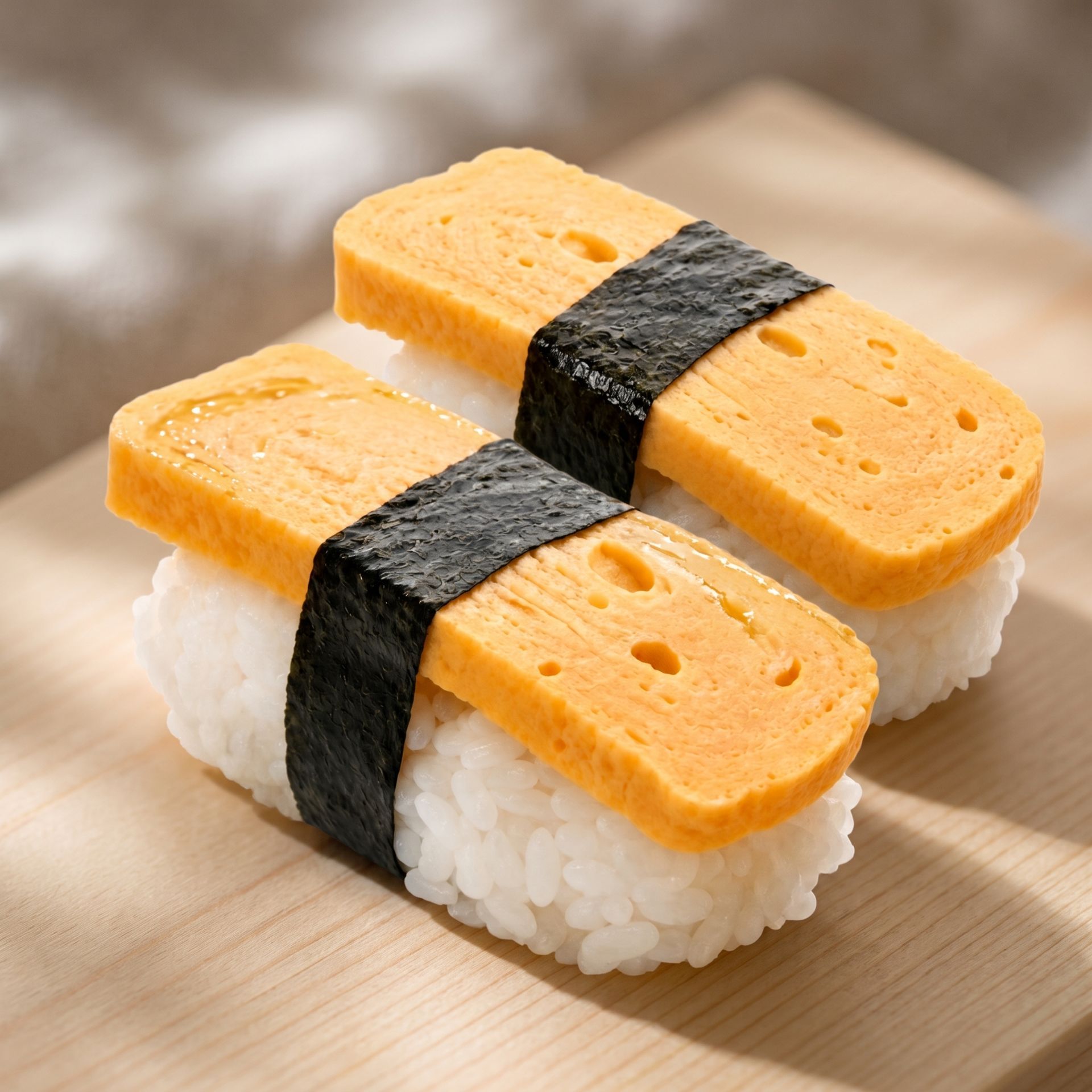 Tamago sushi with black nori strips on a wooden board