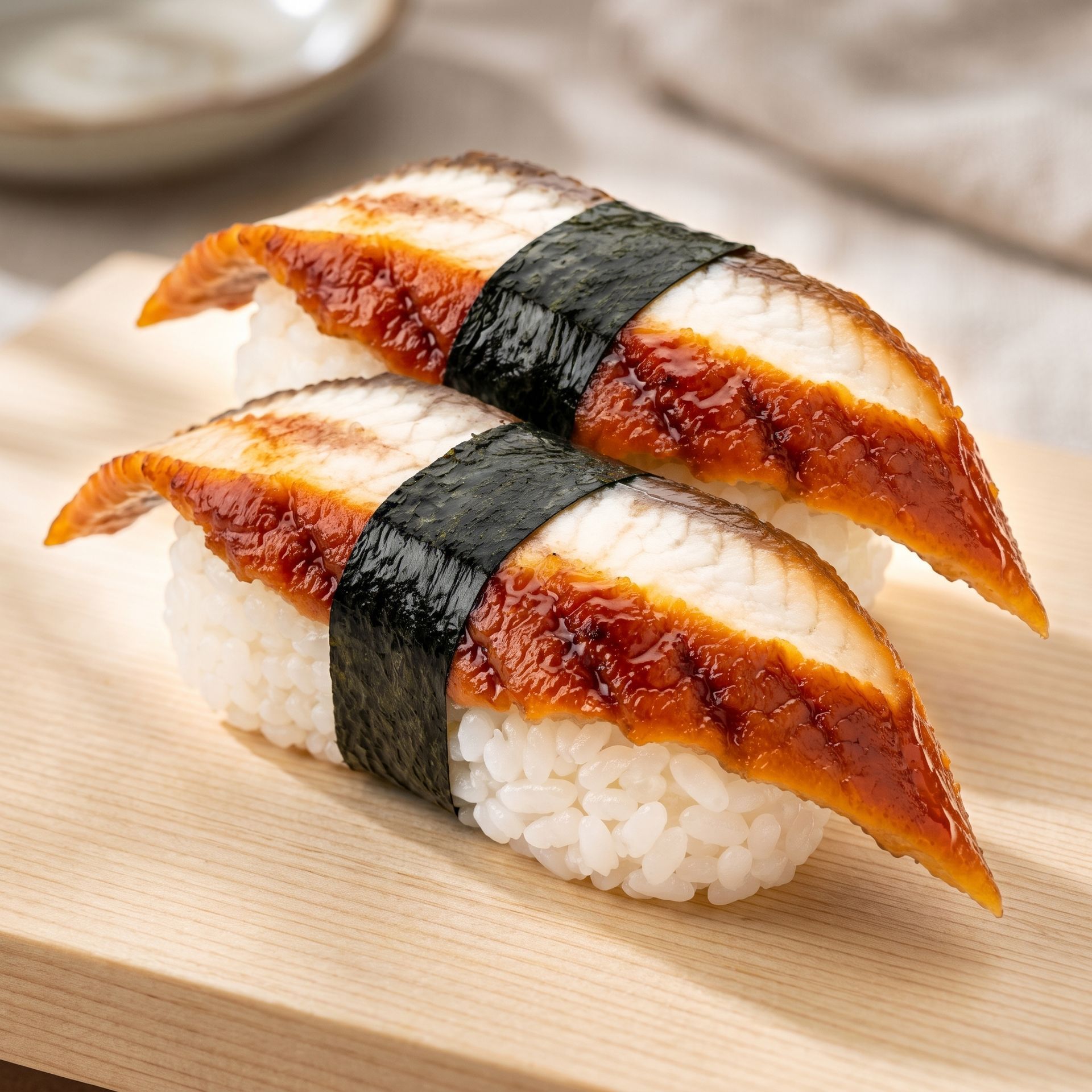 Two pieces of nigiri sushi with grilled fish and seaweed on a wooden tray