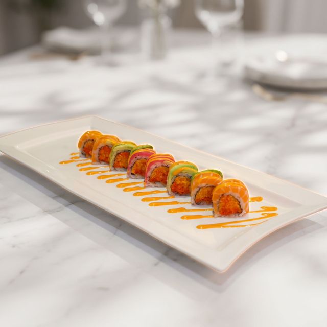 Plated sushi rolls with orange sauce on a white rectangular dish on a bright table