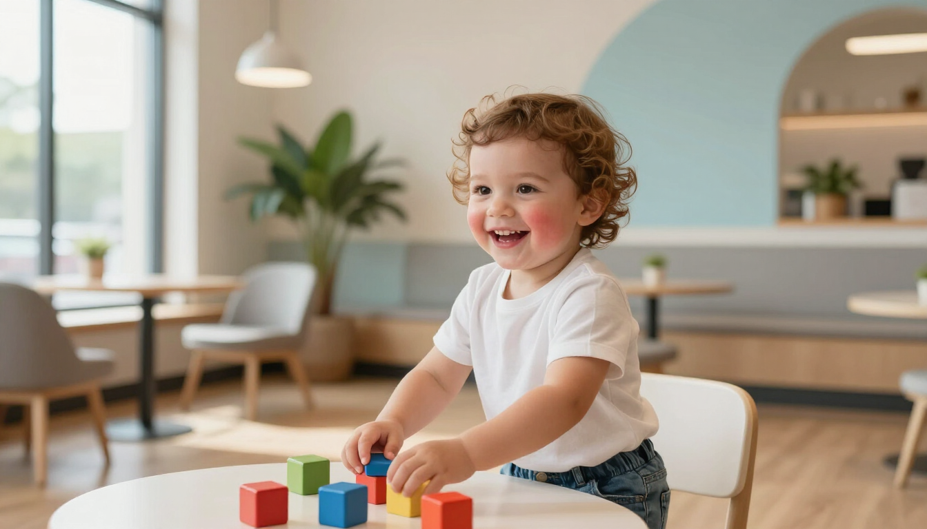 A toddler playing in a bright, modern indoor play cafe in East Nashville.