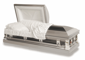 Open silver casket with white satin lining and draped white cloth on a plain background