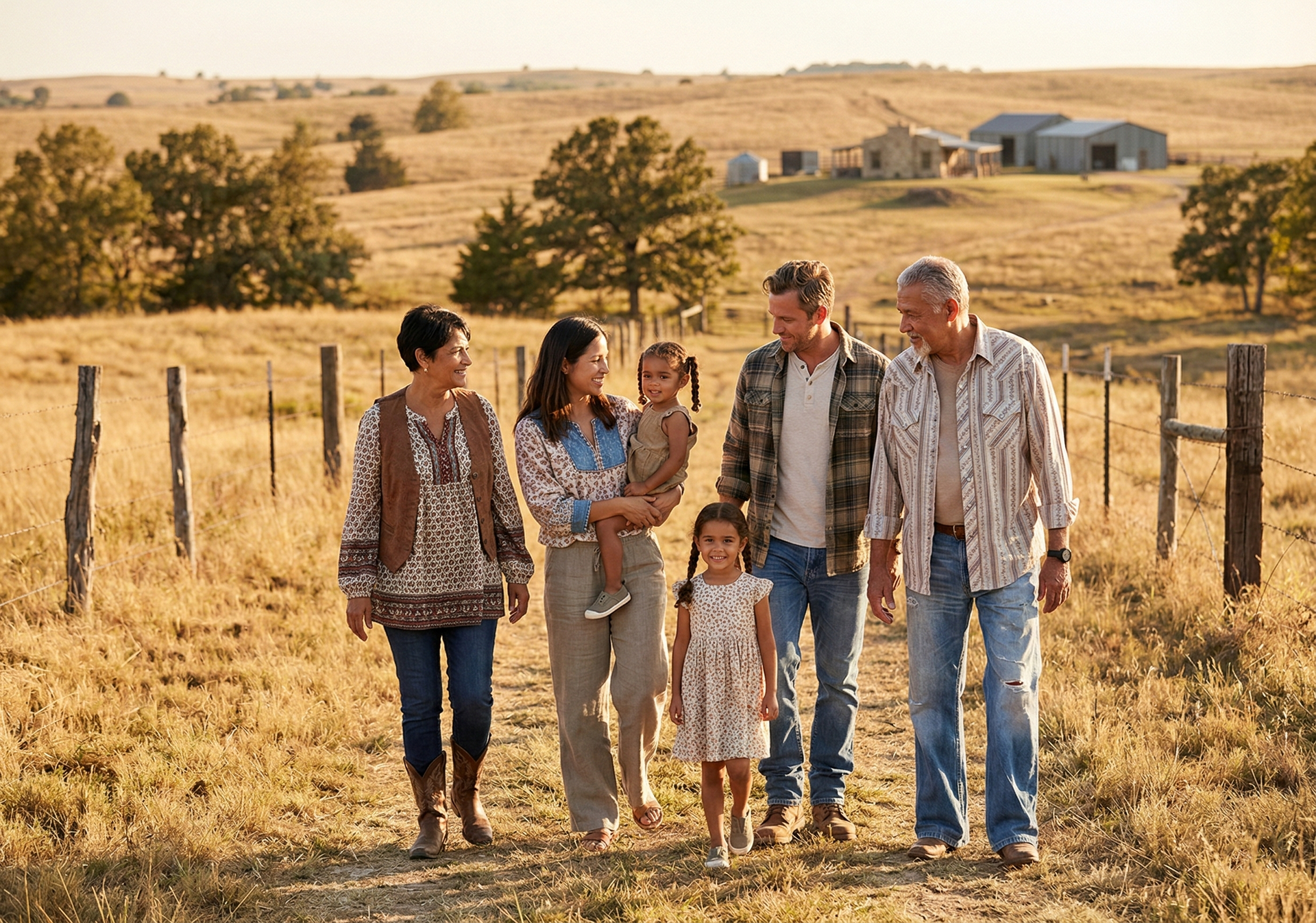 Five people walking through a dry field near a farmhouse at sunset