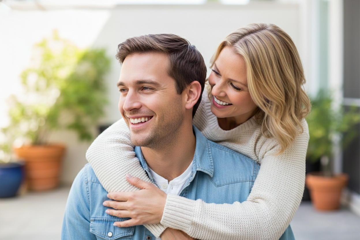 Smiling couple embracing outdoors, with the woman hugging the man from behind.