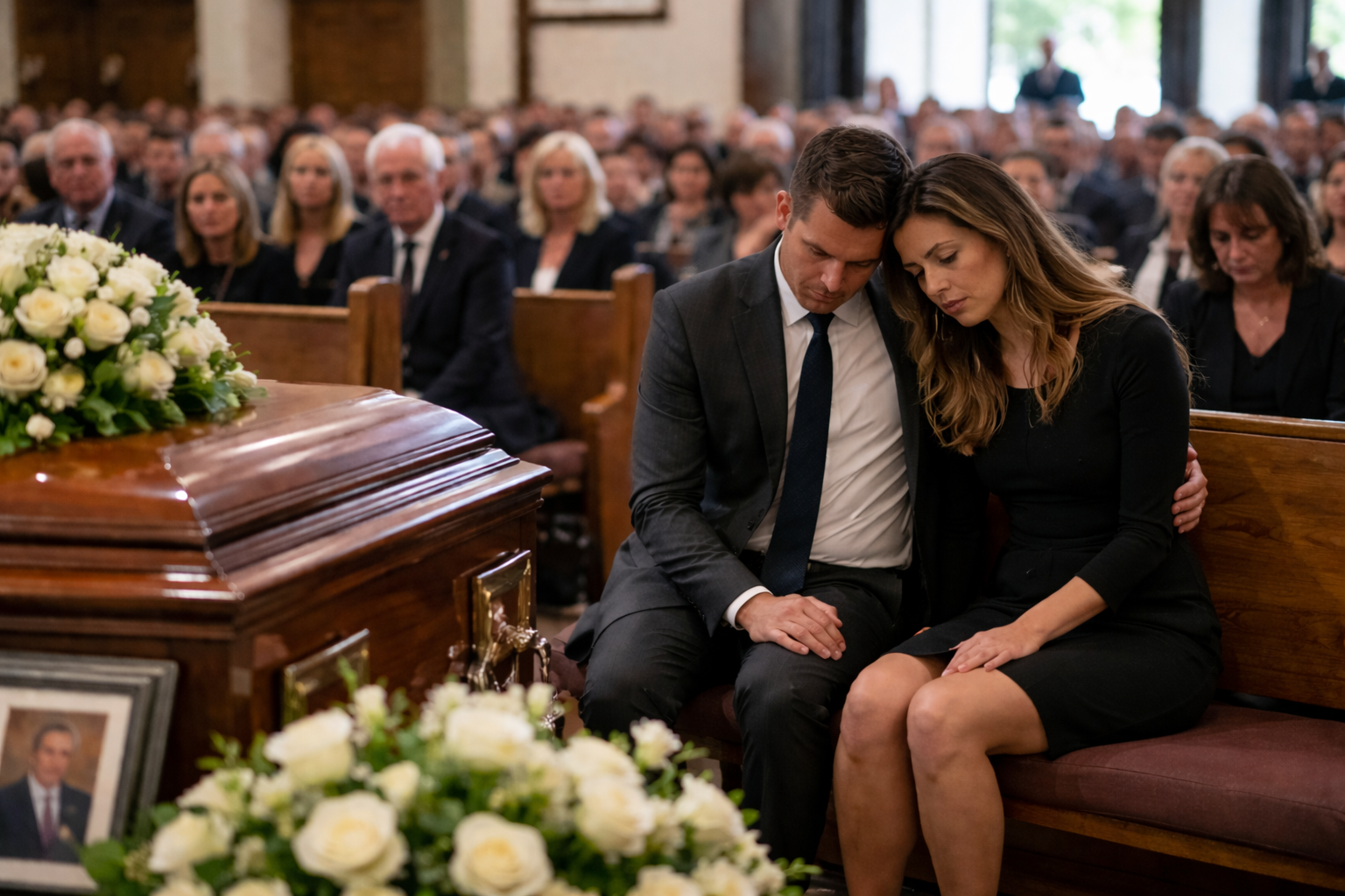 Mourners seated beside a casket at a funeral, with floral arrangements and a solemn church setting.