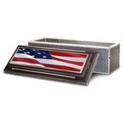American flag novelty cigarette case with a metallic, textured exterior and hinged lid