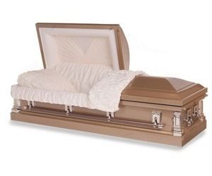 White-lined open casket with beige exterior on a plain white background
