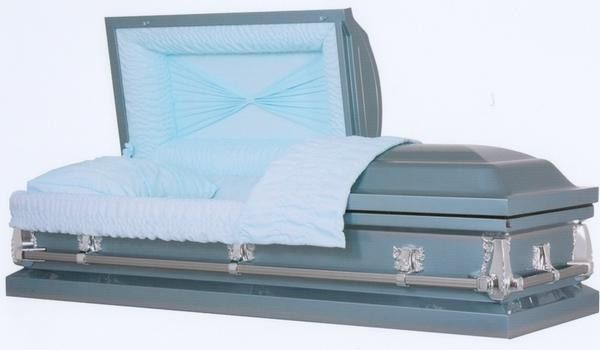 Blue casket with white lining displayed on a stand