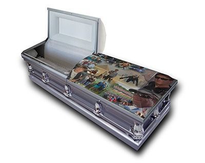 Novelty coffin with superhero collage lid and silver handles