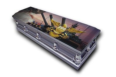 Silver coffin with dragon artwork and metal handles