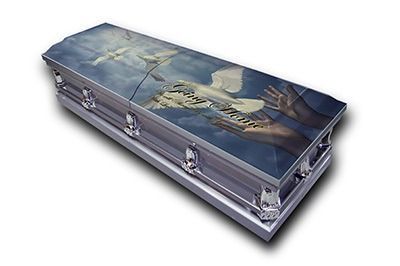Silver casket with painted lid depicting a dragon and clouds, shown at an angle