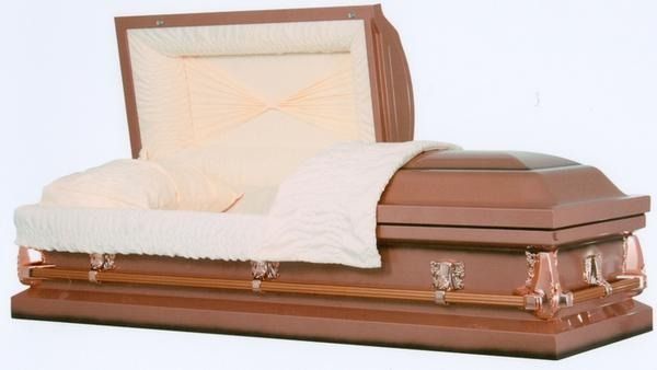 Brown casket with white lining, lid open to reveal cushioned interior