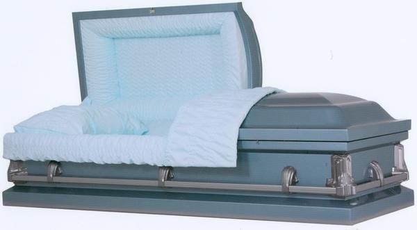 Open casket with light blue interior and silver trim on a stand
