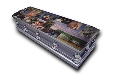 Metallic casket with photo collage panels and silver latches on a white background