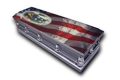 Flag-draped silver casket with U.S. and state emblems on top