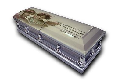 Silver coffin with a scenic printed lid and small decorative handles.