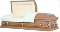 Open casket with a white-lined lid and brown polished exterior